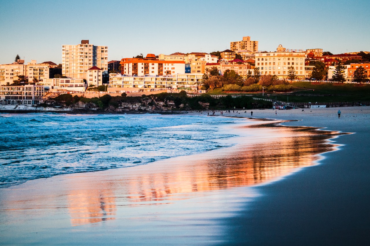 Warm golden light reflected onto the famous Bondi Beach.