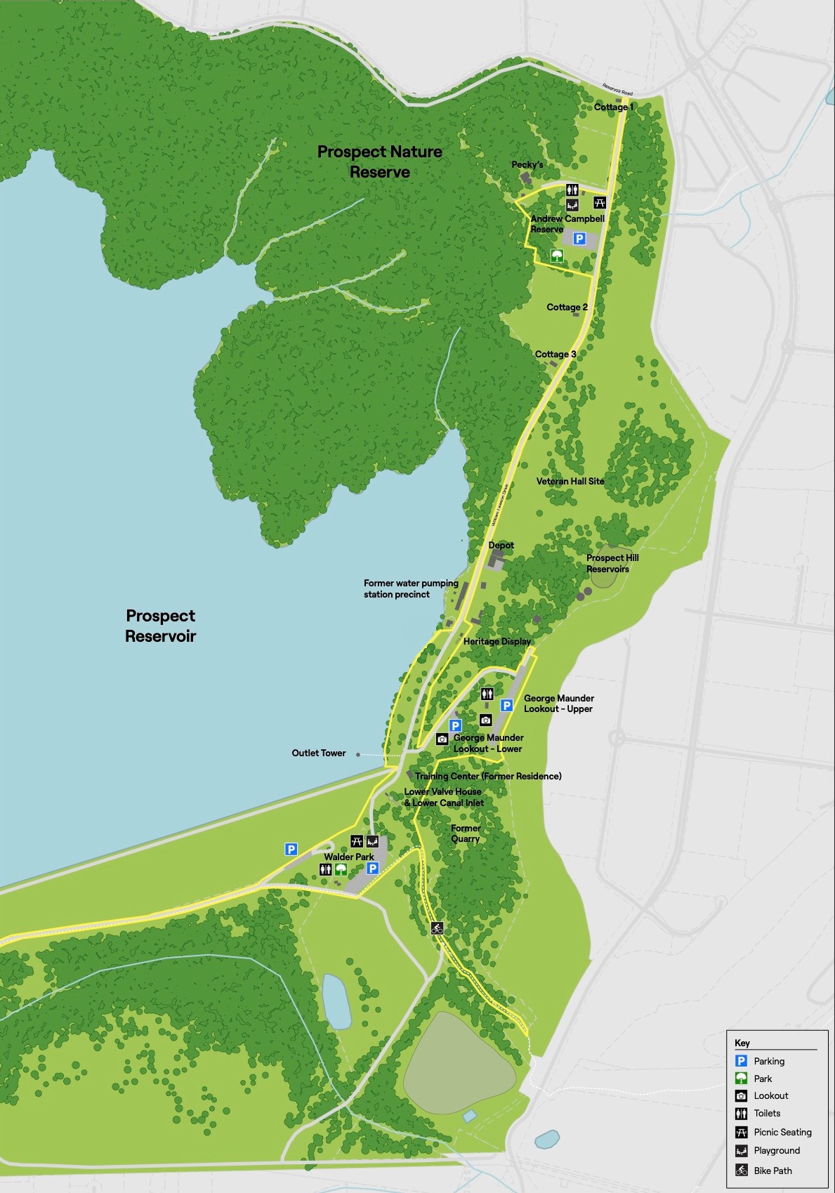 Map of the Prospect Reservoir picnic areas showing entry along William Lawson Drive