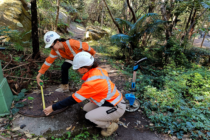 Staff measuring maintenance hole at Parsley Bay