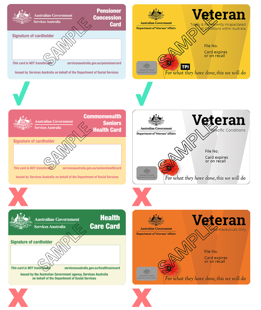 Cards that can and cannot be used to support eligibility for Sydney Water pensioner rebate.