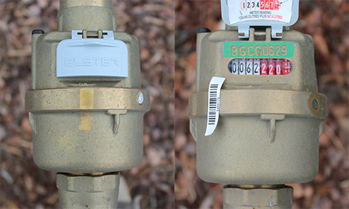 Close-up of an Elster mechanical meter, open and closed, displaying the reading.