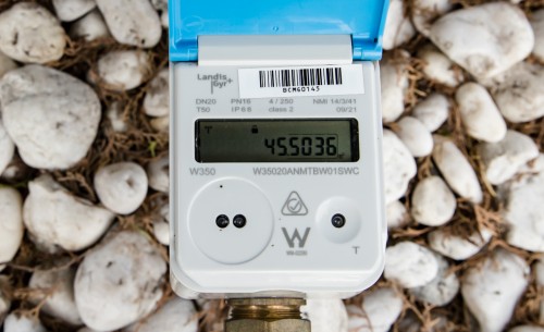 This closeup displays the reading on a Landis+Gyr digital meter.