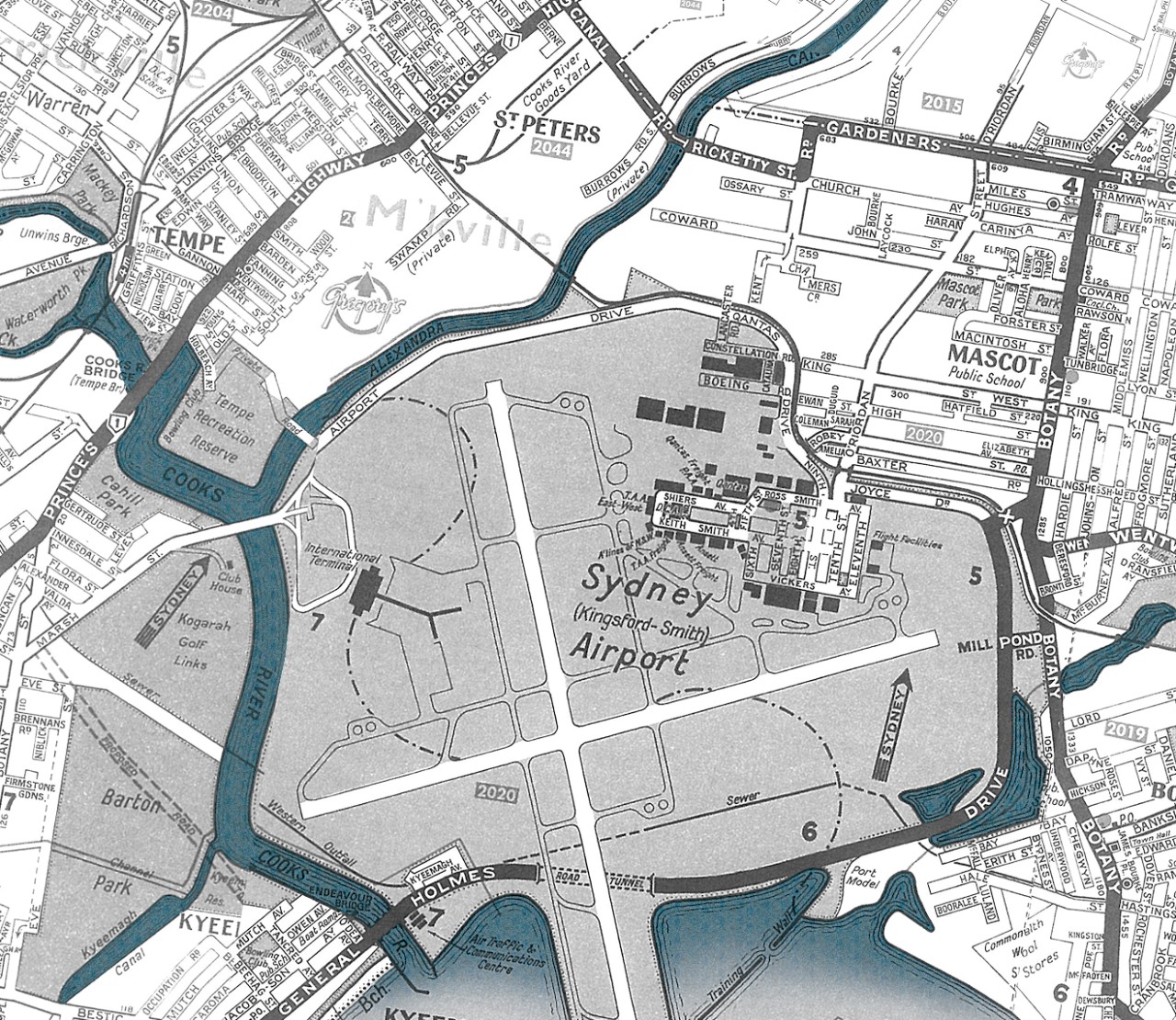 Map showing the new shape of Alexandria Canal and Cooks River after the airport was built.