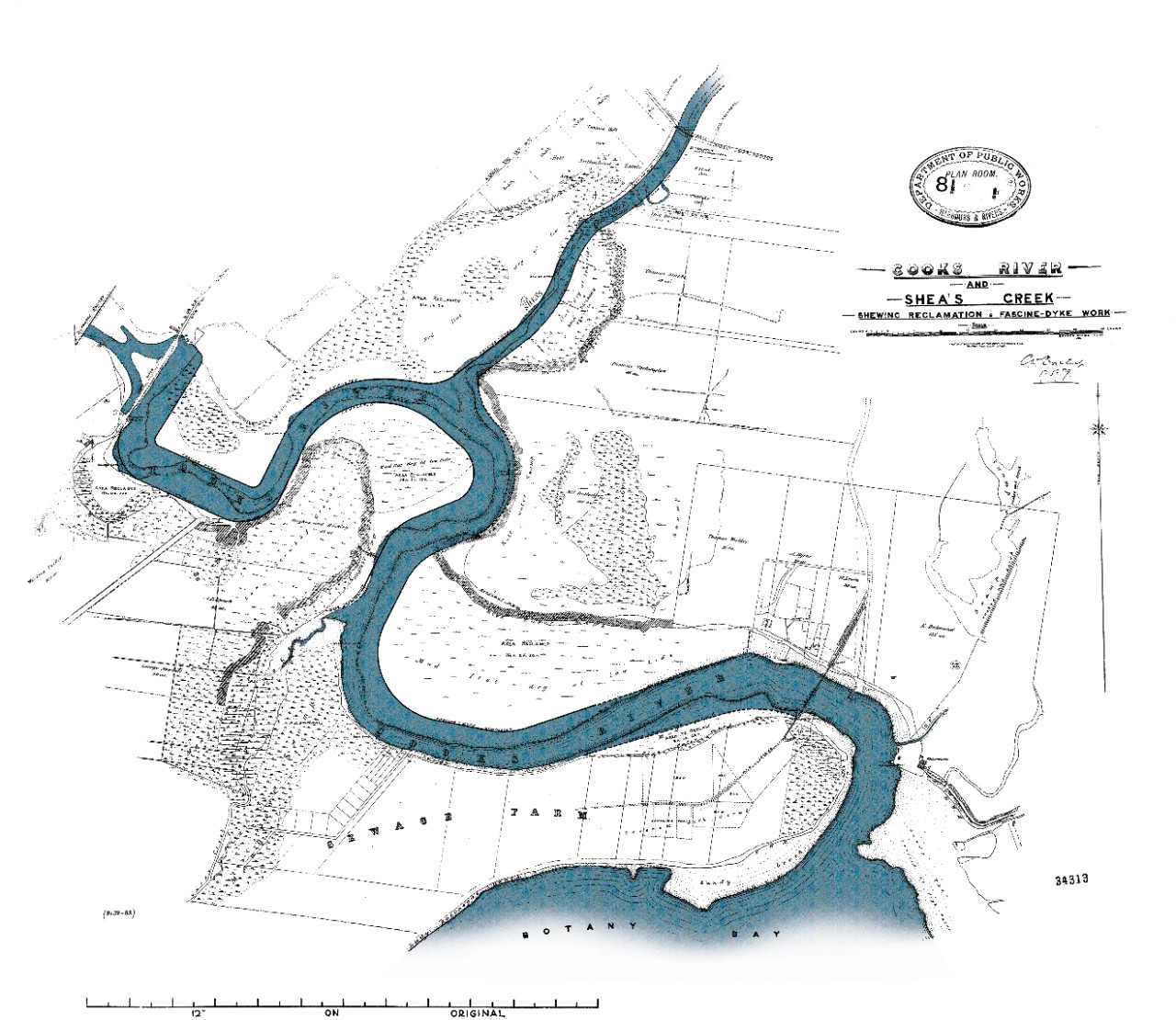 Overlay map of the Cooks River and Sheas Creek showing the straightening of the creek to turn it into Alexandria canal.