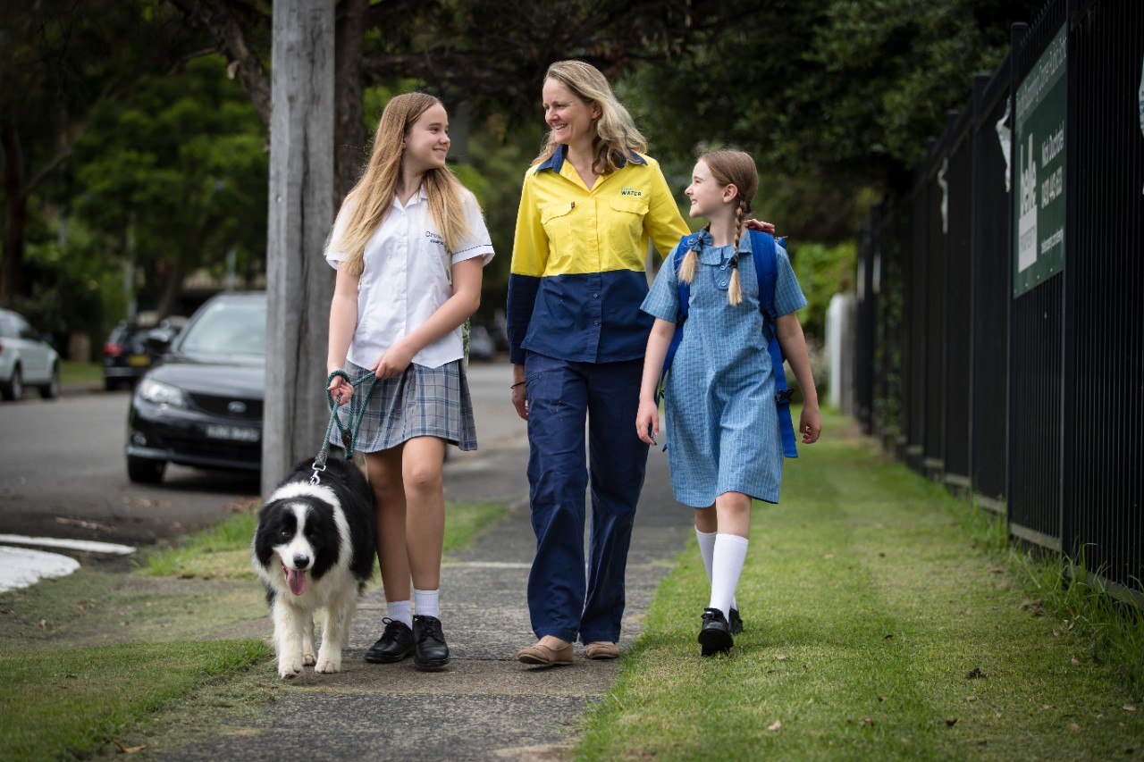 SYDNEY WATER; Sally Spedding a Lead Environmental Scientist with her children Ella and Charli heading back to school in 2022.