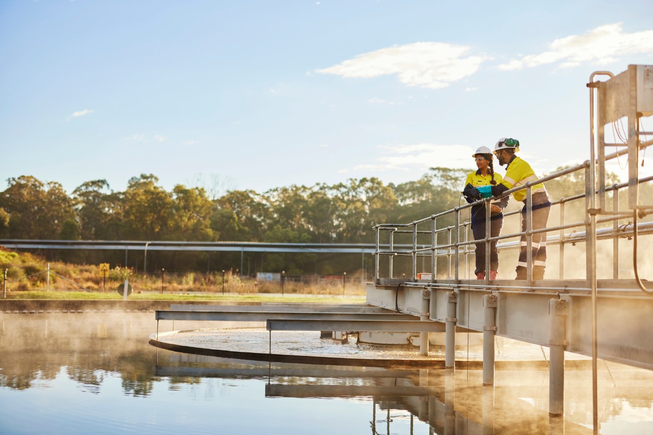 Plant staff moniter wastewater clarifiers