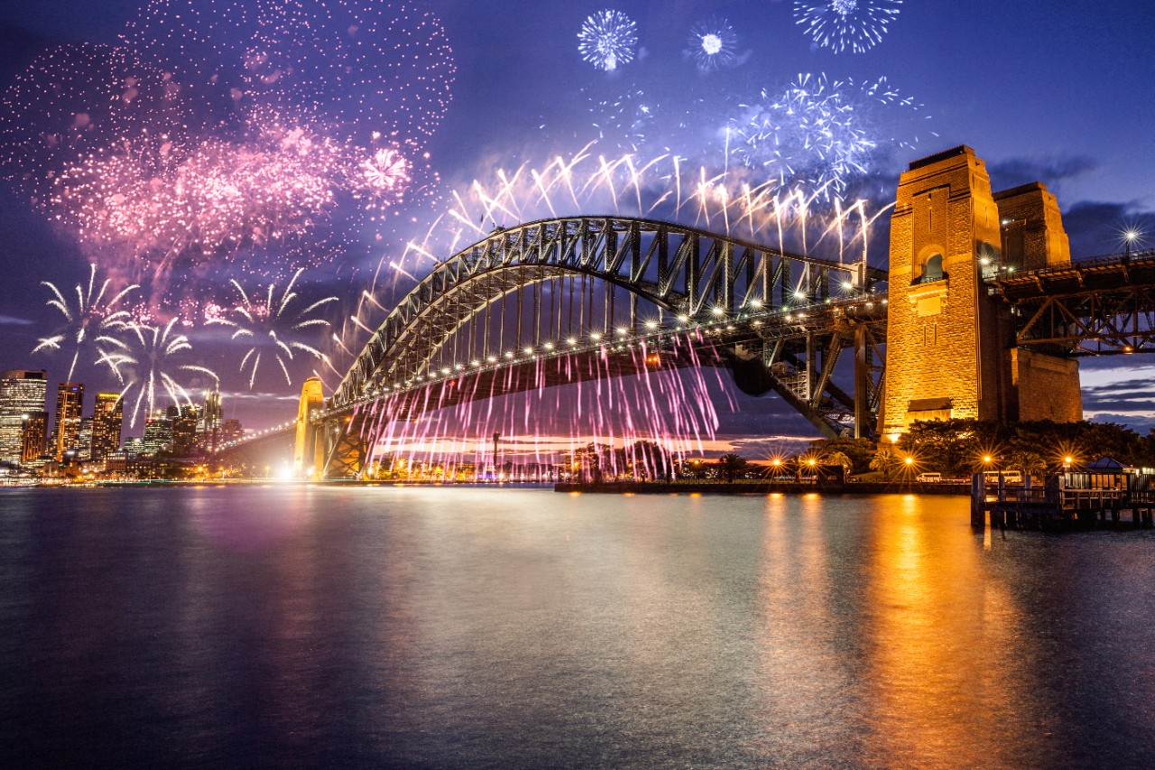 A photo of fireworks over Sydney Harbour Bridge