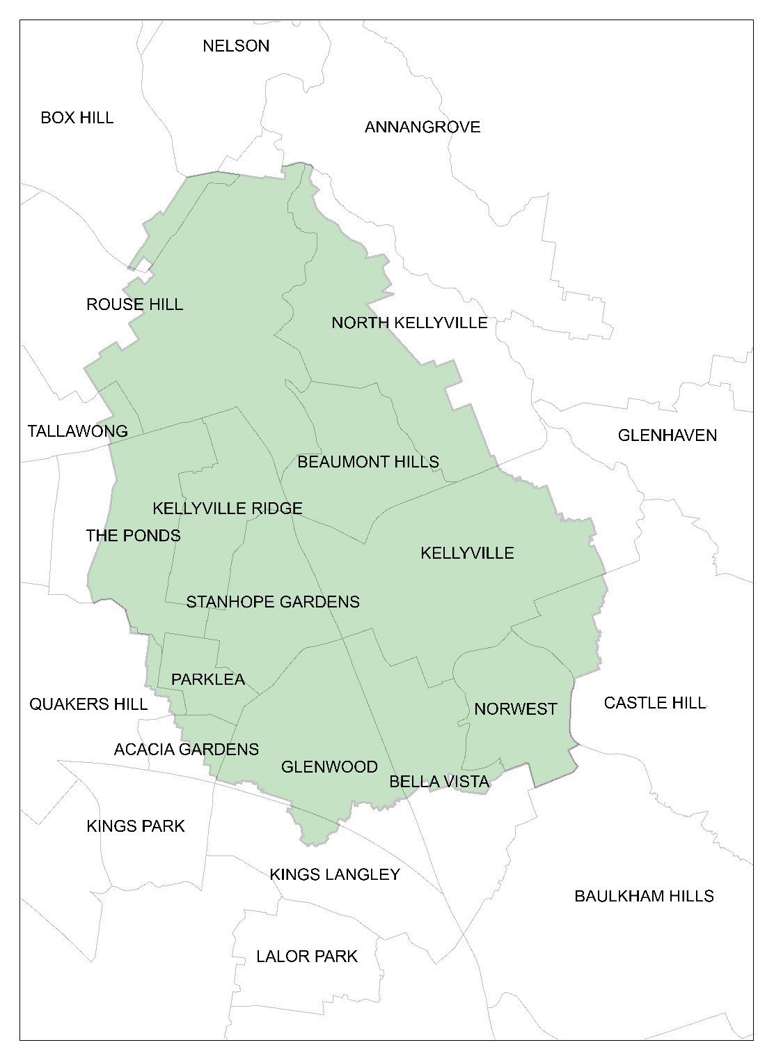Map showing suburbs in the Rouse Hill catchment area