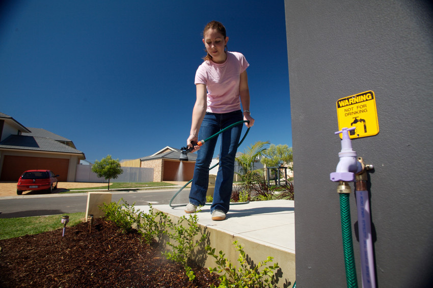 Woman watering garden with purple tap in foreground