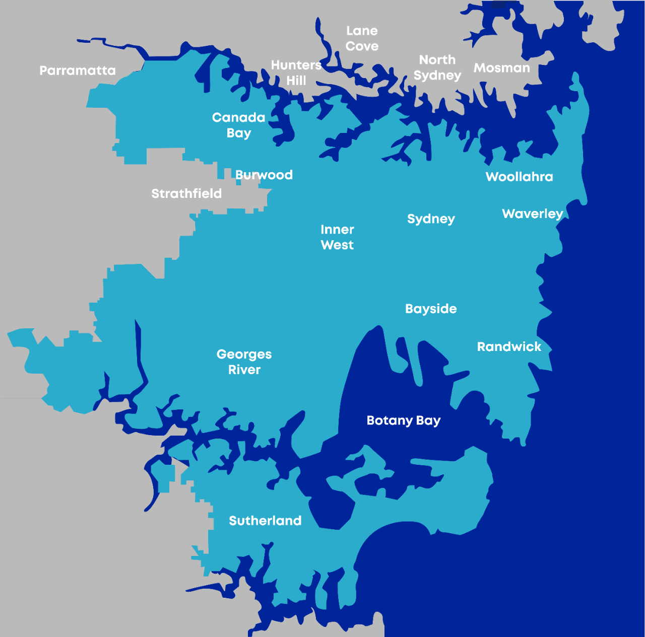 Map of the Greater Sydney area showing council areas that receive desalinated water: Bayside, Burwood, Canada Bay, Georges River, Inner West, Randwick, Sutherland, Sydney, Waverley, Woollahra.