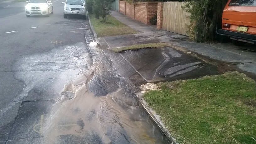 Leak on road with water puring into gutter