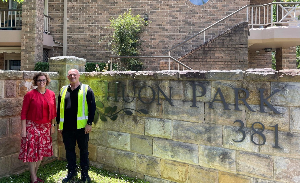 Huon Park manager manager Sue McKindlay with WaterFix Commercial's Con Argiratos outside Huon Park Retirement Village.