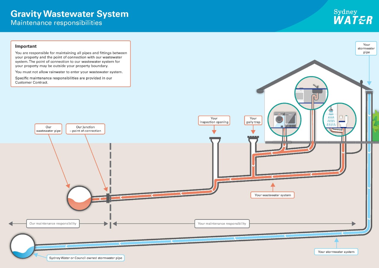 An infographic showing our gravity wastewater system feeding in to a home, and maintenance responsibilities.