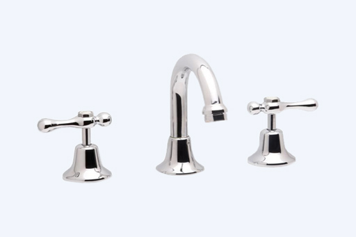 Hot and cold quarter-turn tap set including curved spout.
