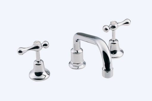 Hot and cold basin quarter-turn tap set including spout.