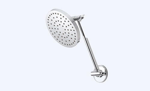 Chrome wall-mounted showerhead on adjustable arm.