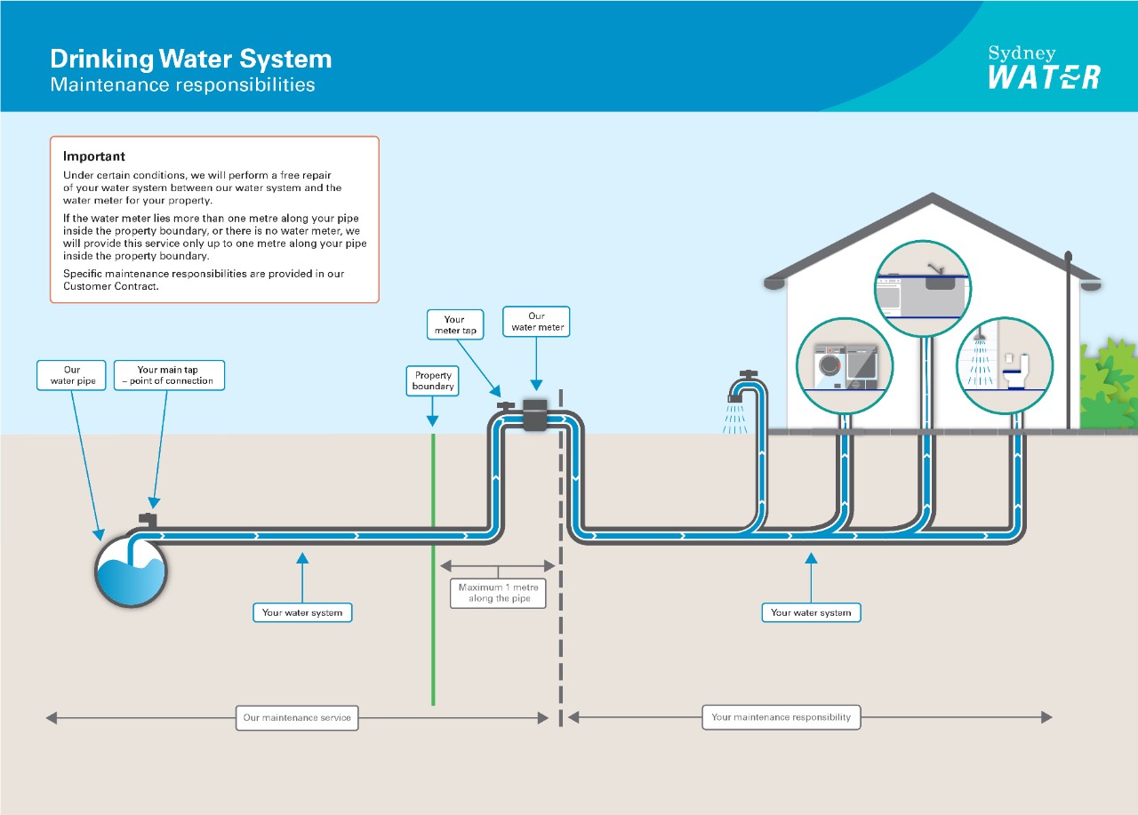 Diagram showing responsibilities for maintaining pipes and fittings for a drinking water system.