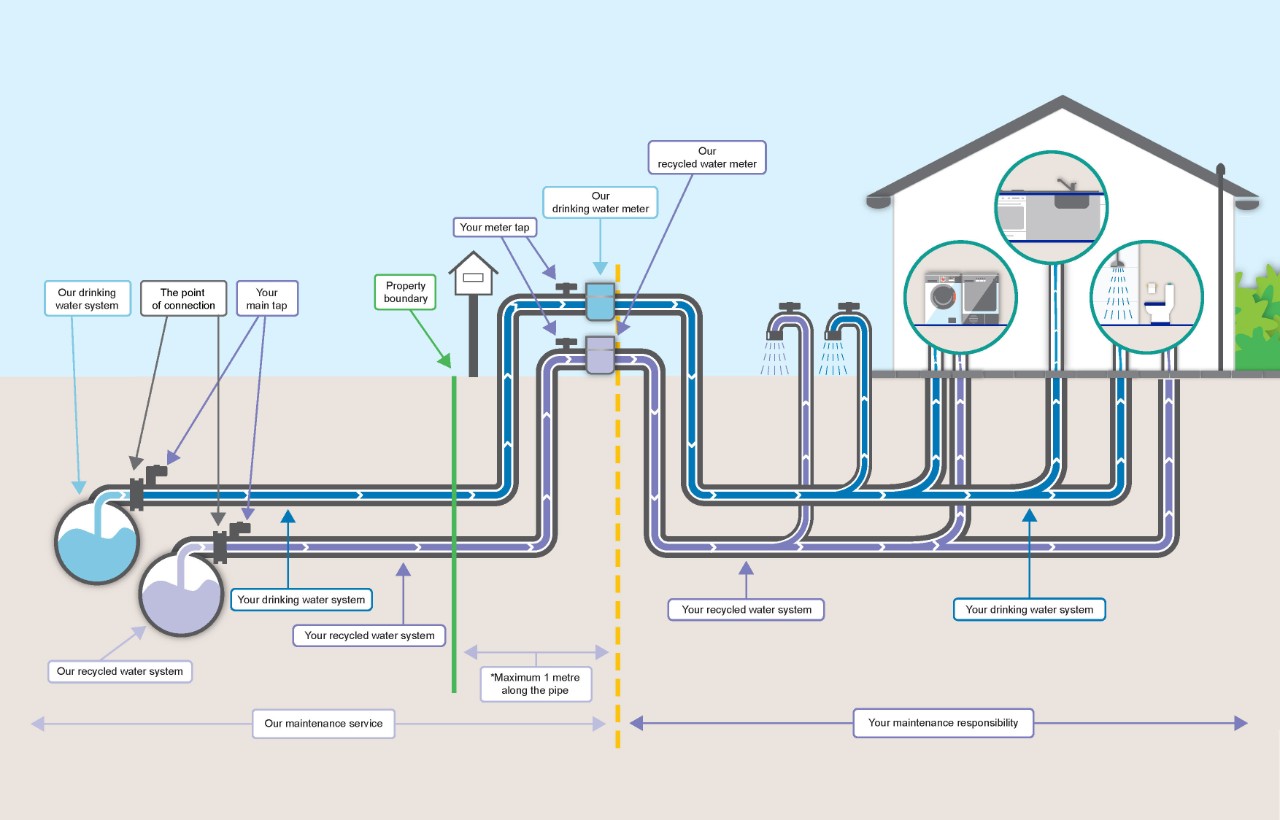Diagram demonstrating the most common recycled water system, showing the pipes that property owners are responsible for maintaining. It includes the drinking water system.